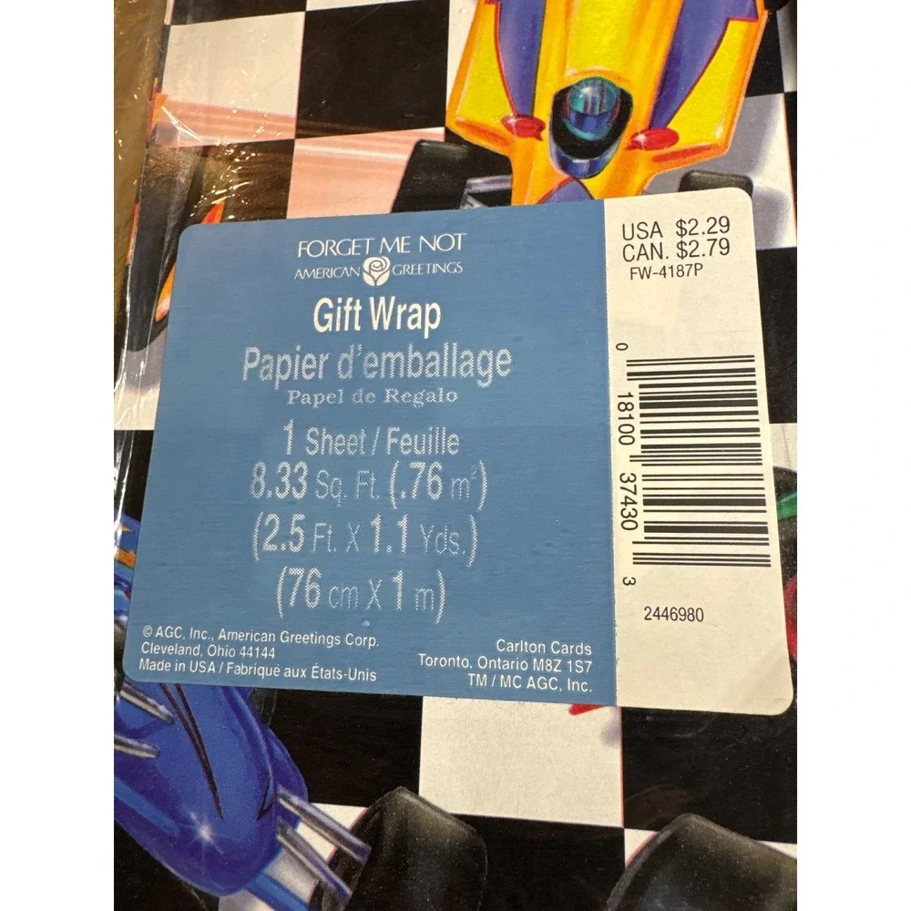 Vintage American Greetings Race Car Gift Wrap 2 Packs Checkered Flag FW-4187P